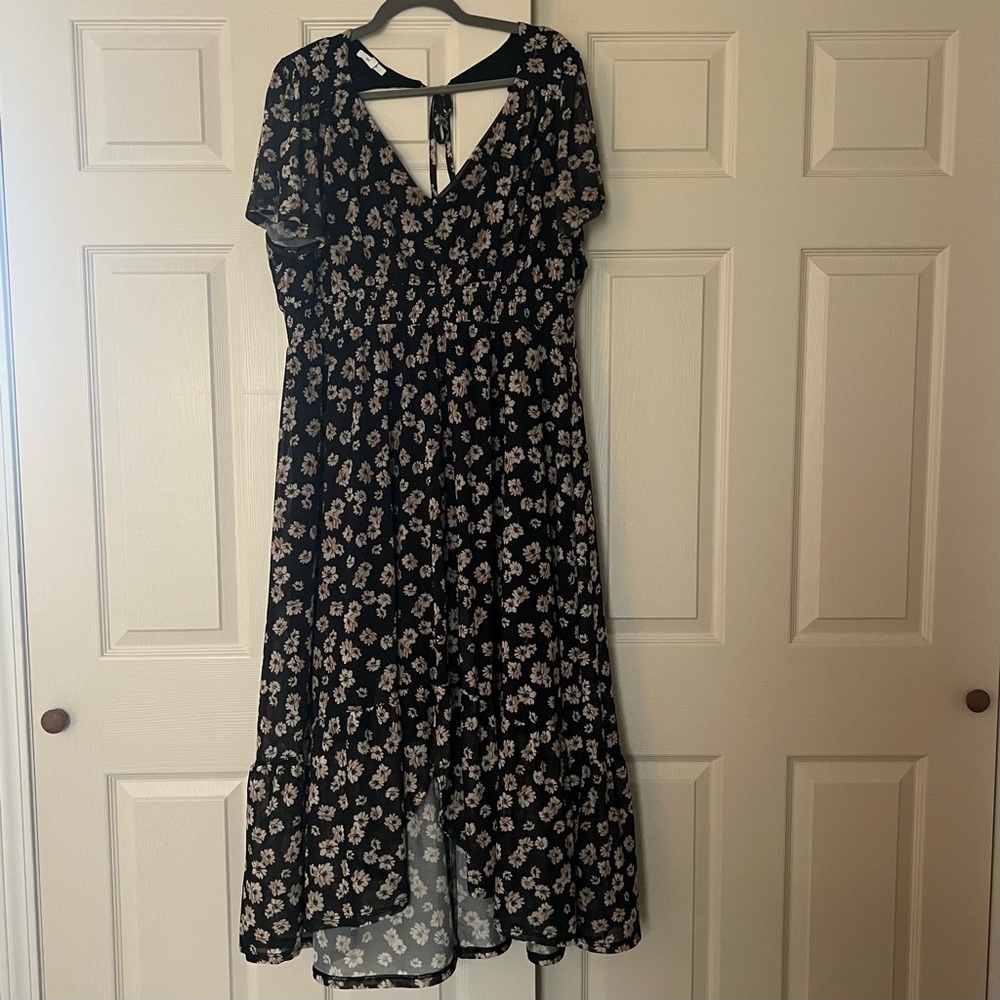 Maurices Black, W/ White and Yellow flowers Hi-Low Sundress with Flutter Sleeves